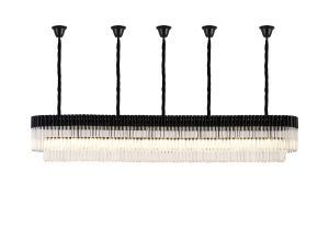 Vita 250 x 40cm Linear Pendant With Bell Cup, 13 Light E14, Matt Black/Clear Sculpted Glass, Item Weight: 61kg