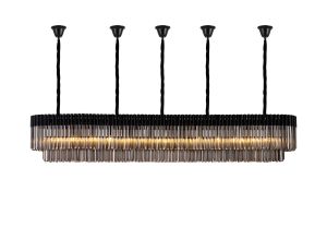 Vita 250 x 40cm Linear Pendant With Bell Cup, 13 Light E14, Matt Black/Smoked Sculpted Glass, Item Weight: 61kg