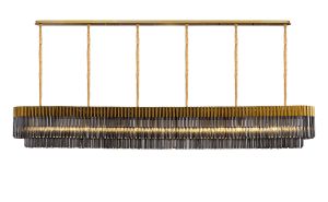 Vita 300 x 40cm Linear Pendant, 16 Light E14, Brass/Smoked Sculpted Glass, Item Weight: 80kg