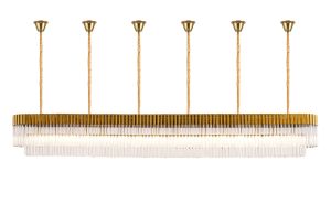 Vita 300 x 40cm Linear Pendant With Bell Cup, 16 Light E14, Brass/Clear Sculpted Glass, Item Weight: 73kg
