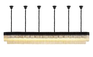 Vita 300 x 40cm Linear Pendant With Bell Cup, 16 Light E14, Matt Black/Cognac Sculpted Glass, Item Weight: 73kg