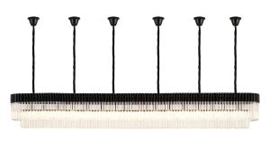 Vita 300 x 40cm Linear Pendant With Bell Cup, 16 Light E14, Matt Black/Clear Sculpted Glass, Item Weight: 73kg