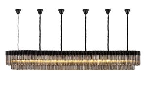 Vita 300 x 40cm Linear Pendant With Bell Cup, 16 Light E14, Matt Black/Smoked Sculpted Glass, Item Weight: 73kg