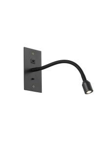 Luzia USB Wall Lamp, 1 Light Adjustable Switched Fits A Standard Double Socket Box, 1 x 3W LED, 3000K, 270lm, Satin Black, 3yrs Warranty