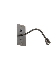 Luzia USB Wall Lamp, 1 Light Adjustable Switched Fits A Standard Double Socket Box, 1 x 3W LED, 3000K, 270lm, Bronze, 3yrs Warranty