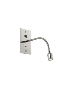 Luzia USB Wall Lamp, 1 Light Adjustable Switched Fits A Standard Double Socket Box, 1 x 3W LED, 3000K, 270lm, Polished Nickel, 3yrs Wrnty