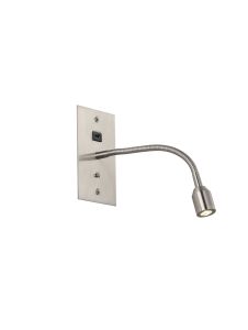 Luzia USB Wall Lamp, 1 Light Adjustable Switched Fits A Standard Double Socket Box, 1 x 3W LED, 3000K, 270lm, Satin Nickel, 3yrs Warranty