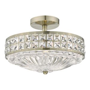Olona 3 Light E14 Antique Brass Semi Flush Ceiling Light With Crystal Beads And Clear Glass Diffuser