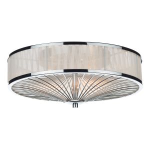 Oslo 3 Light E27 Polished Chrome Flush Fitting Wrapped In Sheer, Faux Organza Ribbon In Ivory