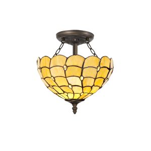Pacemenu 2 Light Semi Flush E27 With 30cm Tiffany Shade, Beige/Clear Crystal/Aged Antique Brass