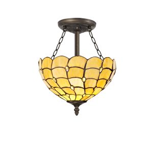 Pacemenu 3 Light Semi Flush E27 With 30cm Tiffany Shade, Beige/Clear Crystal/Aged Antique Brass