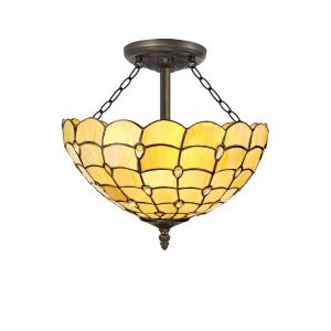 Pacemenu 3 Light Semi Flush E27 With 40cm Tiffany Shade, Beige/Clear Crystal/Aged Antique Brass