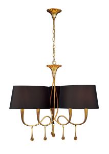 Paola Pendant 3 Arm 6 Light E14, Gold Painted With Black Shades & Amber Glass Droplets