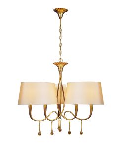 Paola Pendant 3 Arm 6 Light E14, Gold Painted With Cmozarella Shades & Amber Glass Droplets