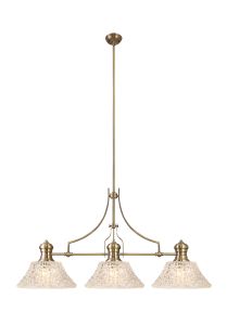 Peninaro Linear Pendant With 38cm Patterned Round Shade, 3 x E27, Antique Brass/Clear Glass Item Weight: 19.1kg