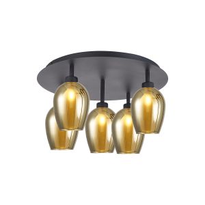 Giuseppe 46cm 45cm Round Flush With Wine Glass With Inner Frosted, 5 Light G9, Satin Black/Gold/Frosted Type D Shade