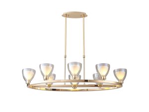 Giuseppe Oval Telescopic Pendant With Curved Cone Glass (U), 8 Light G9, French Gold/Iridescent/Opal