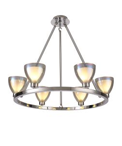 Giuseppe Round Fixed Pendant With Curved Cone Glass (U), 6 Light G9, Polished Chrome/Iridescent/Opal