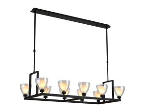 Giuseppe Rectangle Telescopic Pendant With Curved Cone Glass (U), 10 Light G9, Satin Black/Iridescent/Opal