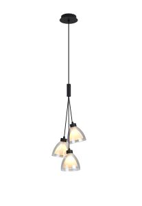 Giuseppe 2m 1 Drop Cluster Pendant With Curved Cone Glass (U), 3 Light G9, Satin Black/Iridescent/Opal