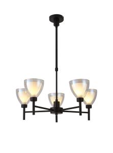 Giuseppe 58cm Telescopic Pendant With Curved Cone Glass (U), 5 Light G9, Satin Black/Iridescent/Opal