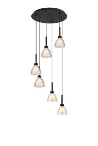 Giuseppe 42cm Round Multiple Pendant 2.5m With Curved Cone Glass (U), 6 Light G9, Satin Black/Iridescent/Opal