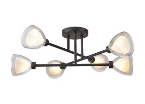 Giuseppe 68cm Crossed Arm Semi Flush With Curved Cone Glass (U), 6 Light G9, Satin Black/Iridescent/Opal