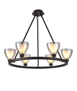 Giuseppe Round Fixed Pendant With Curved Cone Glass (U), 6 Light G9, Satin Black/Iridescent/Opal