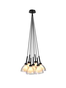 Giuseppe 23cm 1.5m Cluster Pendant With Curved Cone Glass (U), 7 Light G9, Satin Black/Iridescent/Opal