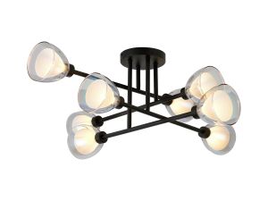 Giuseppe 84cm Crossed Arm Semi Flush With Curved Cone Glass (U), 8 Light G9, Satin Black/Iridescent/Opal