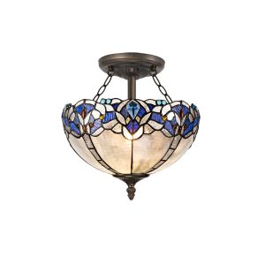 Pizza 2 Light Semi Flush E27 With 30cm Tiffany Shade, Blue/Clear Crystal/Aged Antique Brass
