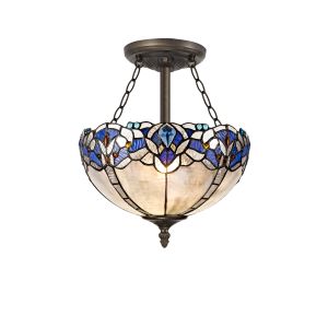Pizza 3 Light Semi Flush E27 With 30cm Tiffany Shade, Blue/Clear Crystal/Aged Antique Brass