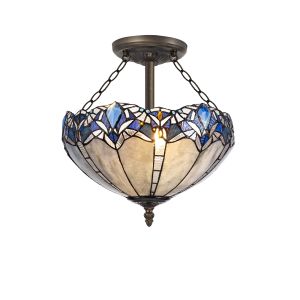 Pizza 3 Light Semi Flush E27 With 40cm Tiffany Shade, Blue/Clear Crystal/Aged Antique Brass