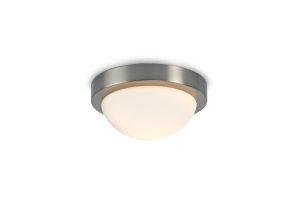 Porter IP44 1 Light E27 21cm Flush Ceiling Light, Satin Nickel With Opal White Glass