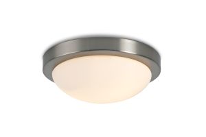 Porter IP44 2 Light E27 32cm Flush Ceiling Light, Satin Nickel With Opal White Glass