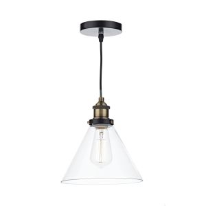 Ray 1 Light E27 Antique Brass Adjustable Pendant With Clear Glass Conical Shade