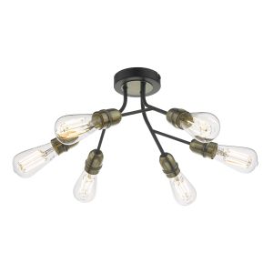 Remy 6 Light E27 Black & Antique Brass Semi Flush Ceiling Fitting