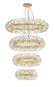 Hiphonic 4 Tier 60cm + 80cm + 100cm + 120cm Pendant, 12 + 20 + 26 + 30 Light G9 French Gold/Crystal, Item Weight: 46kg