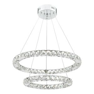 Roma 1 Light 35W Integrated LED Dimmable Adjustable 2 Tier Ring Pendant With Faceted Square Crystals