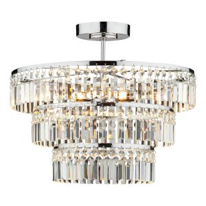 Rowena 3 Light G9 Polished Chrome Semi Flush 3 Tier Chandelier With Clear Faceted Crystals