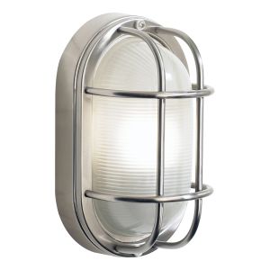 Salcombe 1 Light E27 Stainless Steel Outdoor IP44 Oval Wall Light With Prismatic Glass Shade
