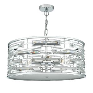 Seville 6 Light E14 Polished Chrome Adjustable Pendant With Curving K9 Crystal Lozenges & White Opal Glass Diffuser
