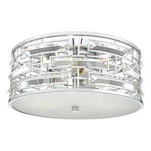 Seville 3 Light E27 Polished Chrome Flush Fitting With Curving K9 Crystal Lozenges & White Opal Glass Diffuser