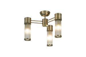 Toscano 3 Light Glass Rod Semi Flush, E14, IP44, Antique Brass/Clear Glass Rods