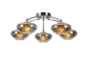 Zarza 55.5cm Flush Ceiling Light, 5 Light G9, Polished Chrome/Smoked Glass/Clear Crystal