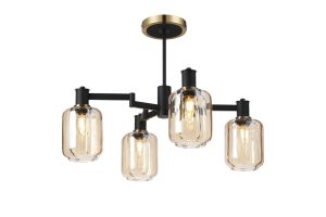 Erdi Swing Arm Semi Ceiling, 4 Light E14, Brass/Satin Black/Amber Striped Cylinder Glass
