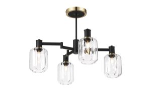 Erdi Swing Arm Semi Ceiling, 4 Light E14, Brass/Satin Black/Clear Striped Cylinder Glass