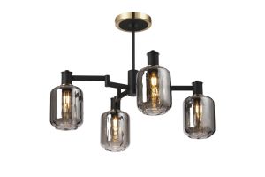 Erdi Swing Arm Semi Ceiling, 4 Light E14, Brass/Satin Black/Smoke Striped Cylinder Glass