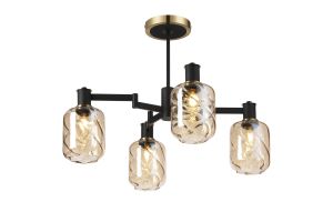 Erdi Swing Arm Semi Ceiling, 4 Light E14, Brass/Satin Black/Amber Twisted Cylinder Glass