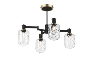Erdi Swing Arm Semi Ceiling, 4 Light E14, Brass/Satin Black/Clear Twisted Cylinder Glass